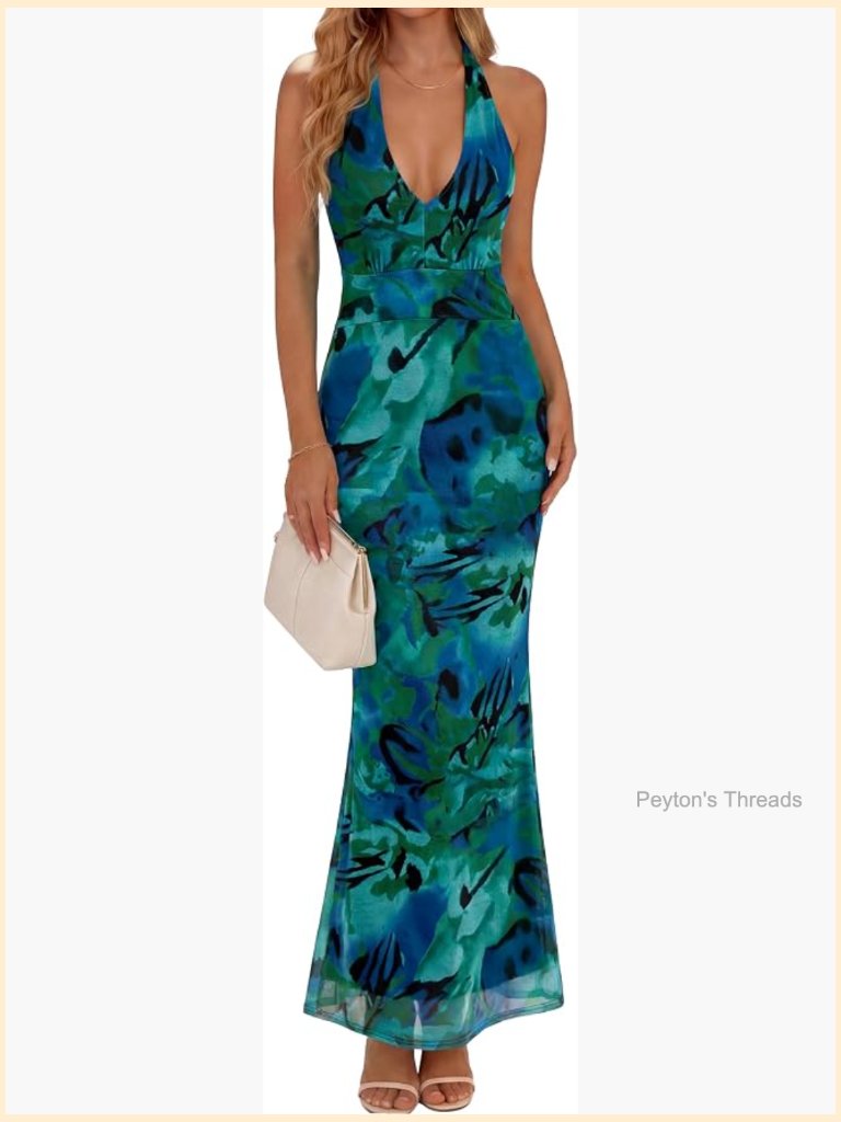 Halter Neck Bodycon Maxi Dress - Floral Mesh Formal Party Long Dress